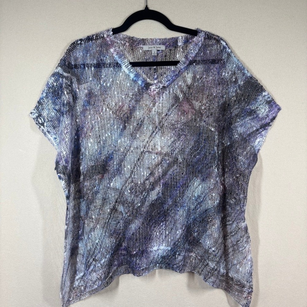 Jess & Jane Women Abstract Semi Sheer Boucle Mesh Overlay Boxy Top Ppl‎ Blue S